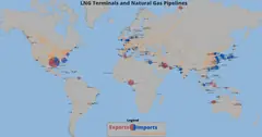 Световна карта, показваща маршрути на газопроводи и терминали за втечнен газ