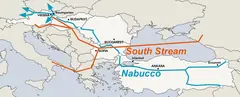 Карта на планираните газопроводи „Южен поток“ и „Набуко“ (2010)