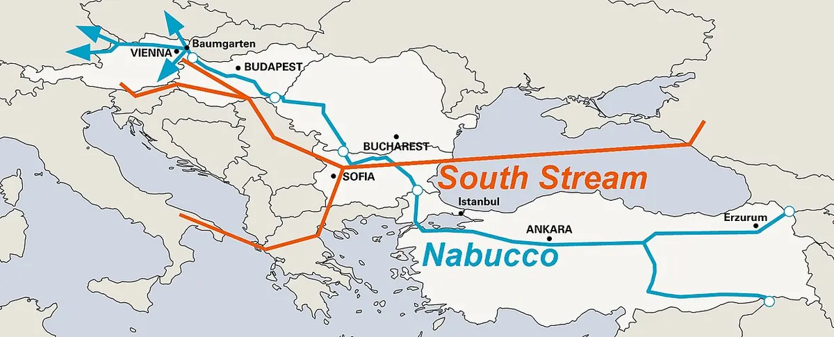 Карта на планираните газопроводи „Южен поток“ и „Набуко“ (2010)